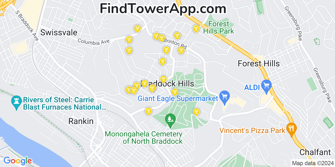 Verizon 4G/5G cell tower coverage map Braddock Hills, Pennsylvania