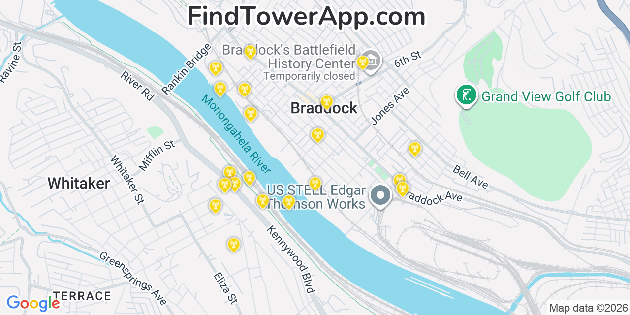 Map showing the 20 primary cell tower locations detected in Braddock, Pennsylvania from AT&T, Verizon, and T-Mobile networks