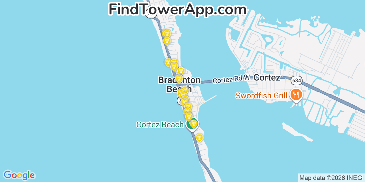 Map showing the 20 primary cell tower locations detected in Bradenton Beach, Florida from AT&T, Verizon, and T-Mobile networks