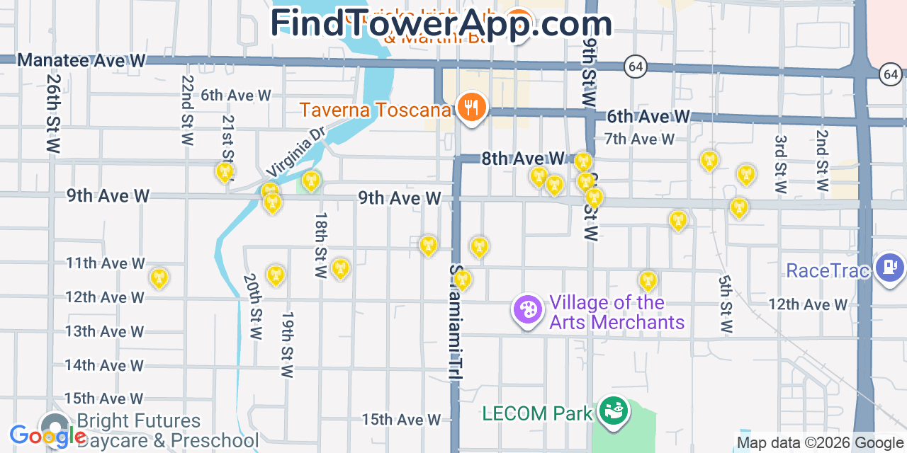 Map showing the 20 primary cell tower locations detected in Bradenton, Florida from AT&T, Verizon, and T-Mobile networks
