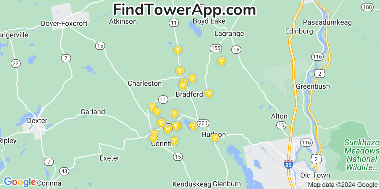 AT&T 4G/5G cell tower coverage map Bradford, Maine