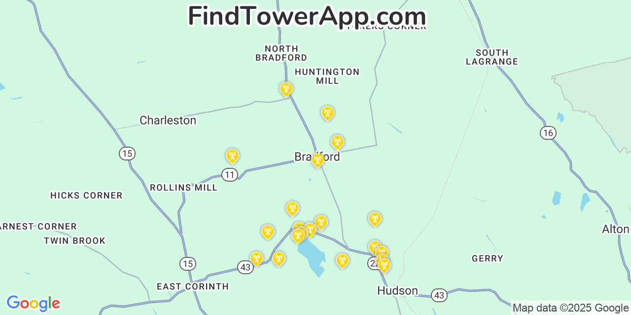 Map showing the 20 primary cell tower locations detected in Bradford, Maine from AT&T, Verizon, and T-Mobile networks