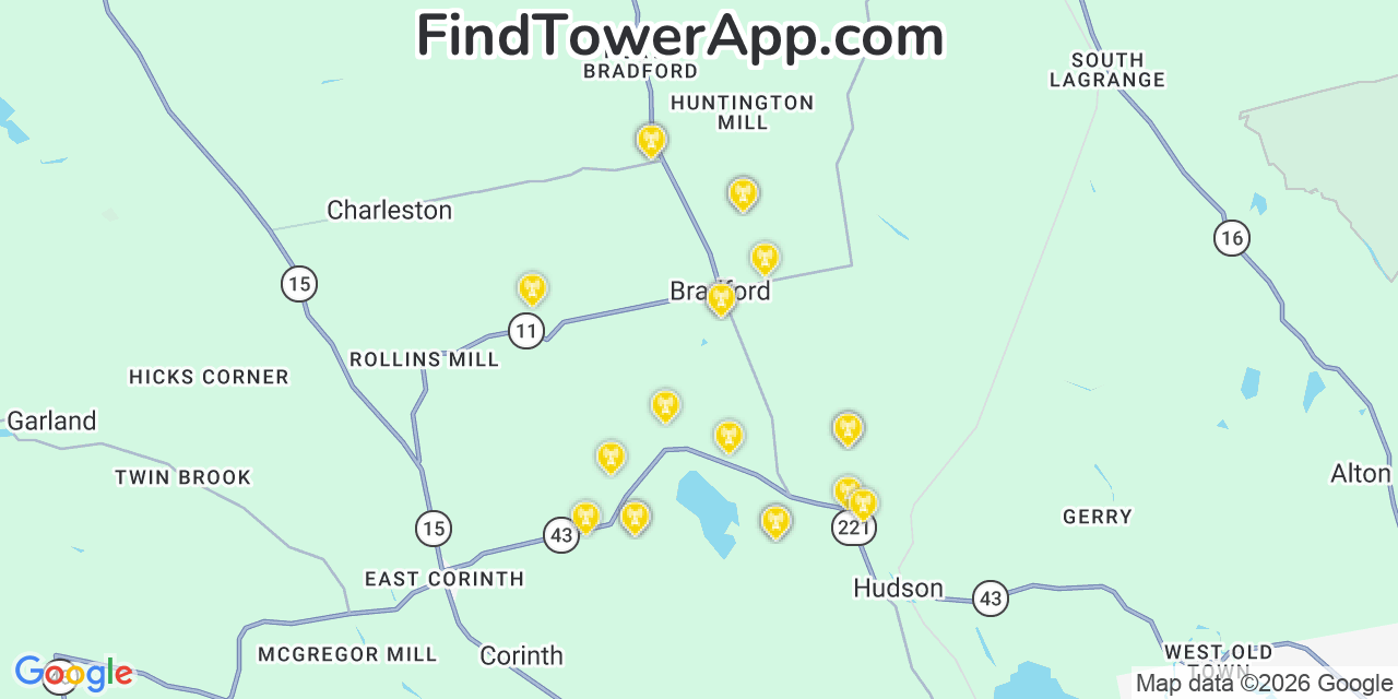 Map showing the 20 primary cell tower locations detected in Bradford, Maine from AT&T, Verizon, and T-Mobile networks