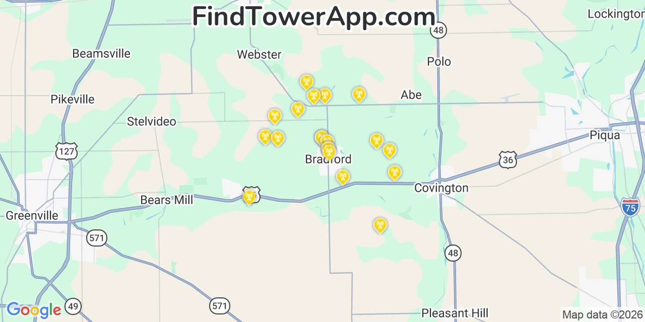 Map showing the 20 primary cell tower locations detected in Bradford, Ohio from AT&T, Verizon, and T-Mobile networks