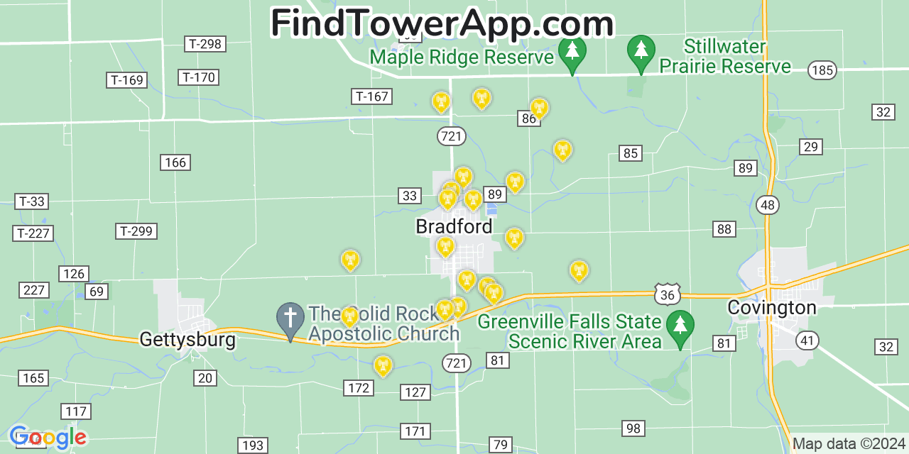 Verizon 4G/5G cell tower coverage map Bradford, Ohio