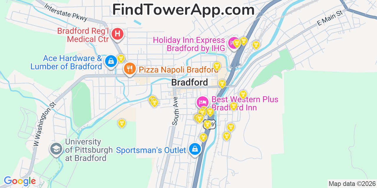 Map showing the 20 primary cell tower locations detected in Bradford, Pennsylvania from AT&T, Verizon, and T-Mobile networks