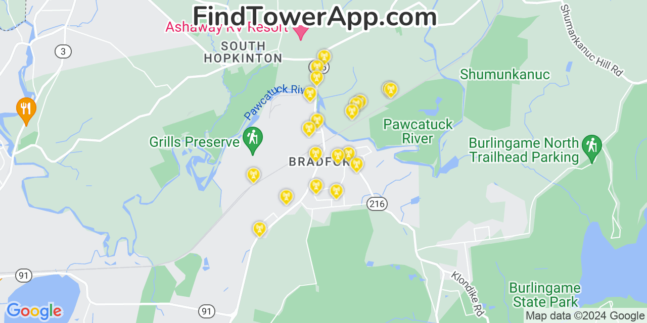 AT&T 4G/5G cell tower coverage map Bradford, Rhode Island