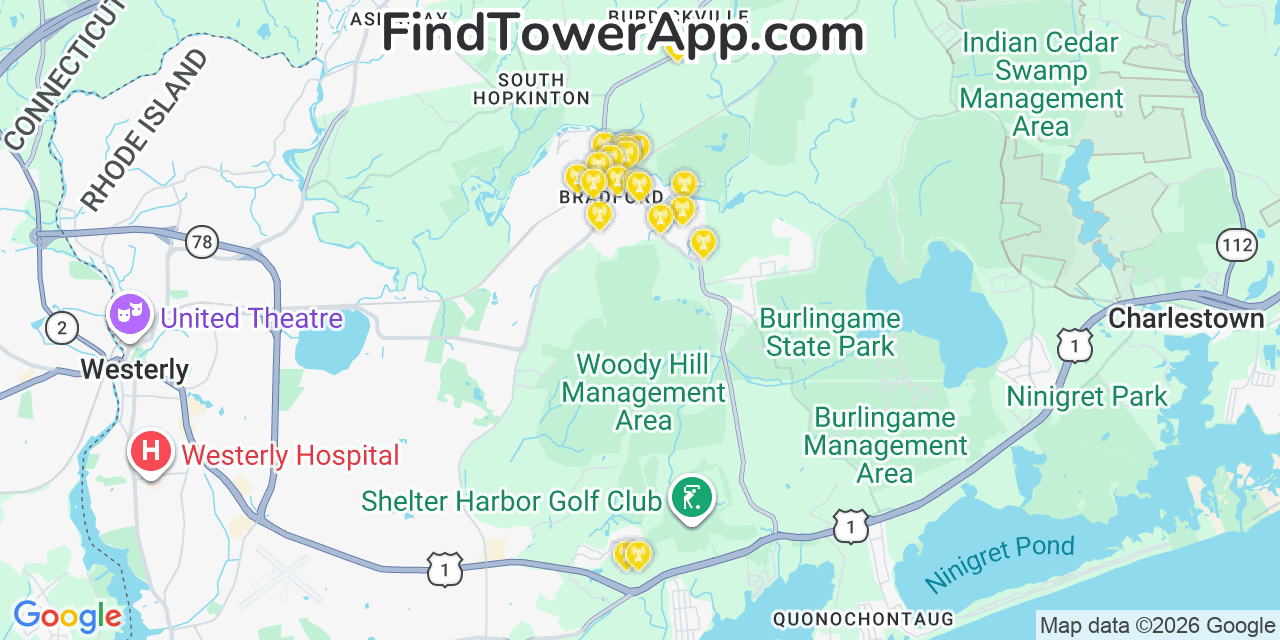 Map showing the 20 primary cell tower locations detected in Bradford, Rhode Island from AT&T, Verizon, and T-Mobile networks