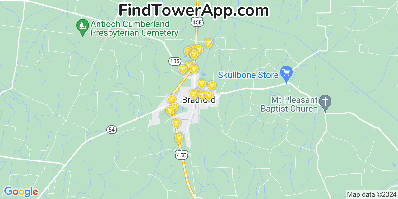 AT&T 4G/5G cell tower coverage map Bradford, Tennessee