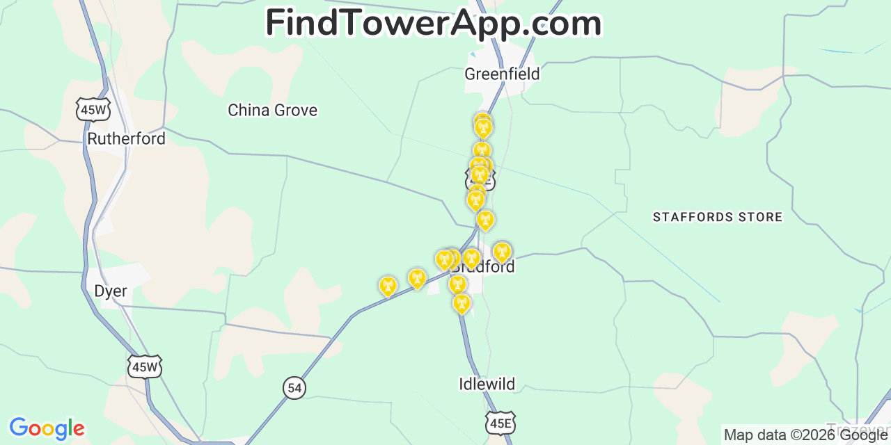 Map showing the 20 primary cell tower locations detected in Bradford, Tennessee from AT&T, Verizon, and T-Mobile networks