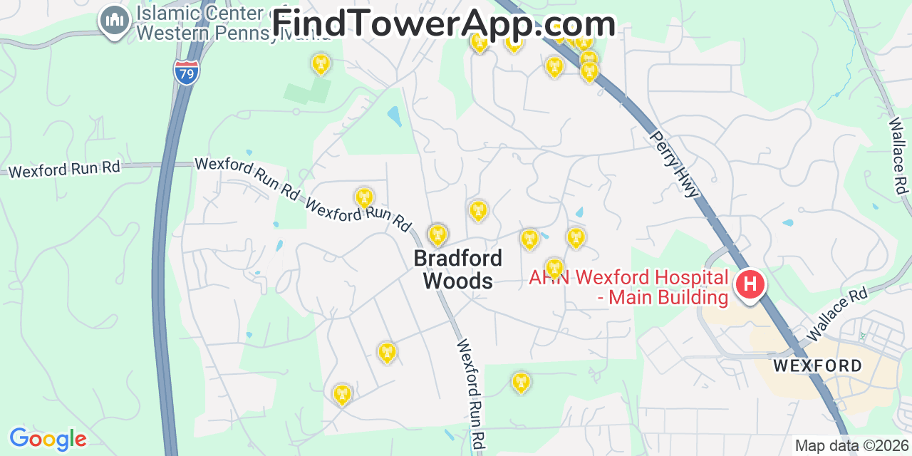 Map showing the 20 primary cell tower locations detected in Bradford Woods, Pennsylvania from AT&T, Verizon, and T-Mobile networks