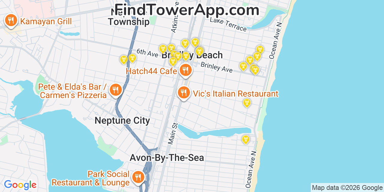 Map showing the 20 primary cell tower locations detected in Bradley Beach, New Jersey from AT&T, Verizon, and T-Mobile networks