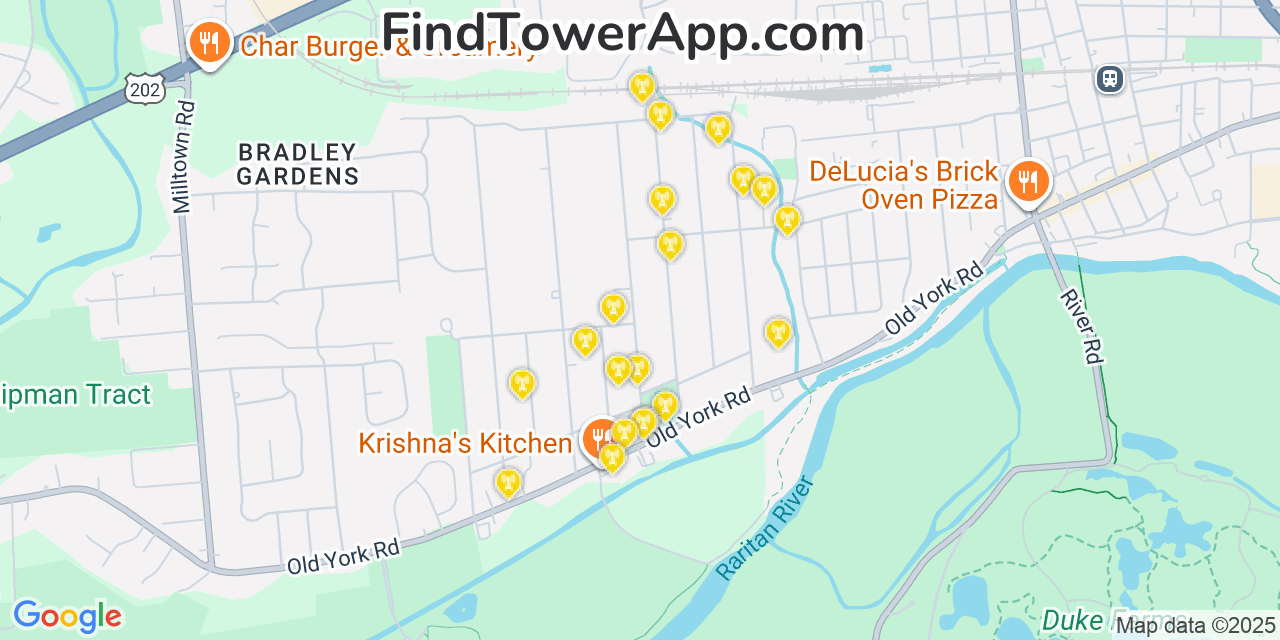 Map showing the 20 primary cell tower locations detected in Bradley Gardens, New Jersey from AT&T, Verizon, and T-Mobile networks