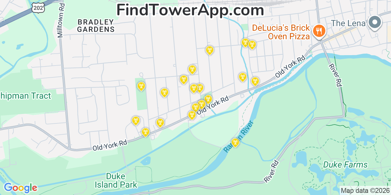 Map showing the 20 primary cell tower locations detected in Bradley Gardens, New Jersey from AT&T, Verizon, and T-Mobile networks