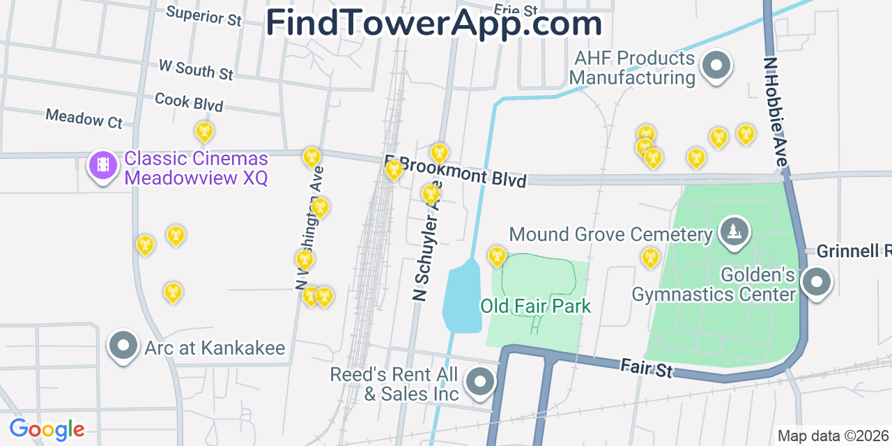 Map showing the 20 primary cell tower locations detected in Bradley, Illinois from AT&T, Verizon, and T-Mobile networks