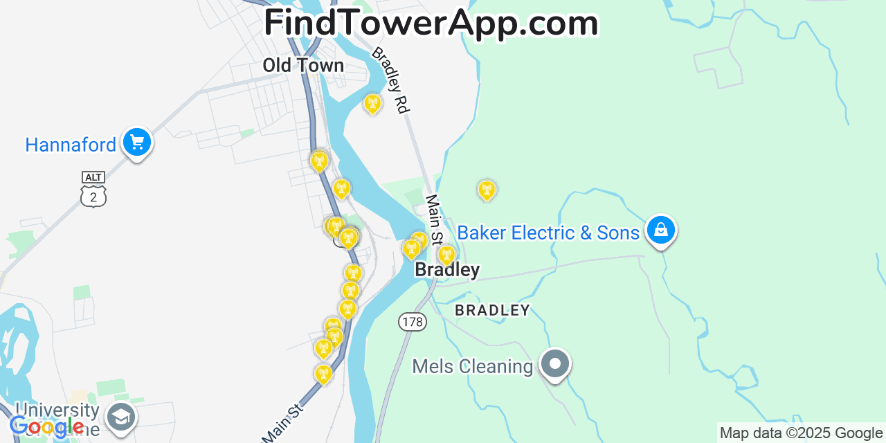Map showing the 20 primary cell tower locations detected in Bradley, Maine from AT&T, Verizon, and T-Mobile networks