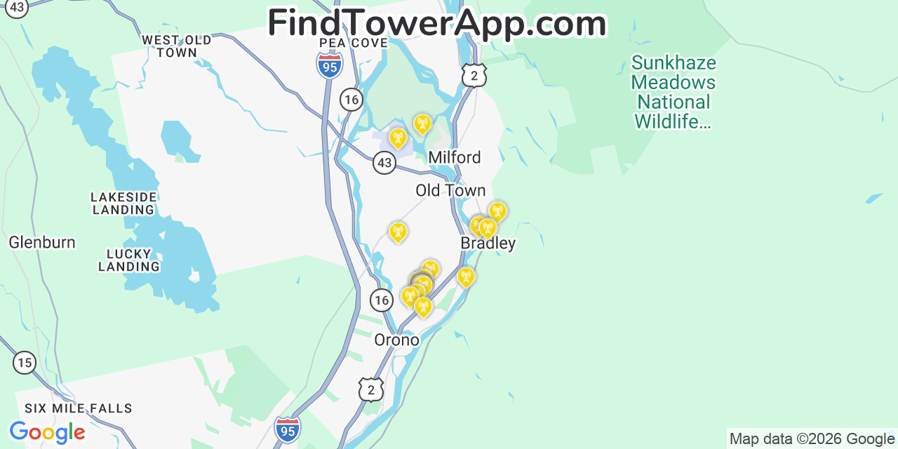 Map showing the 20 primary cell tower locations detected in Bradley, Maine from AT&T, Verizon, and T-Mobile networks