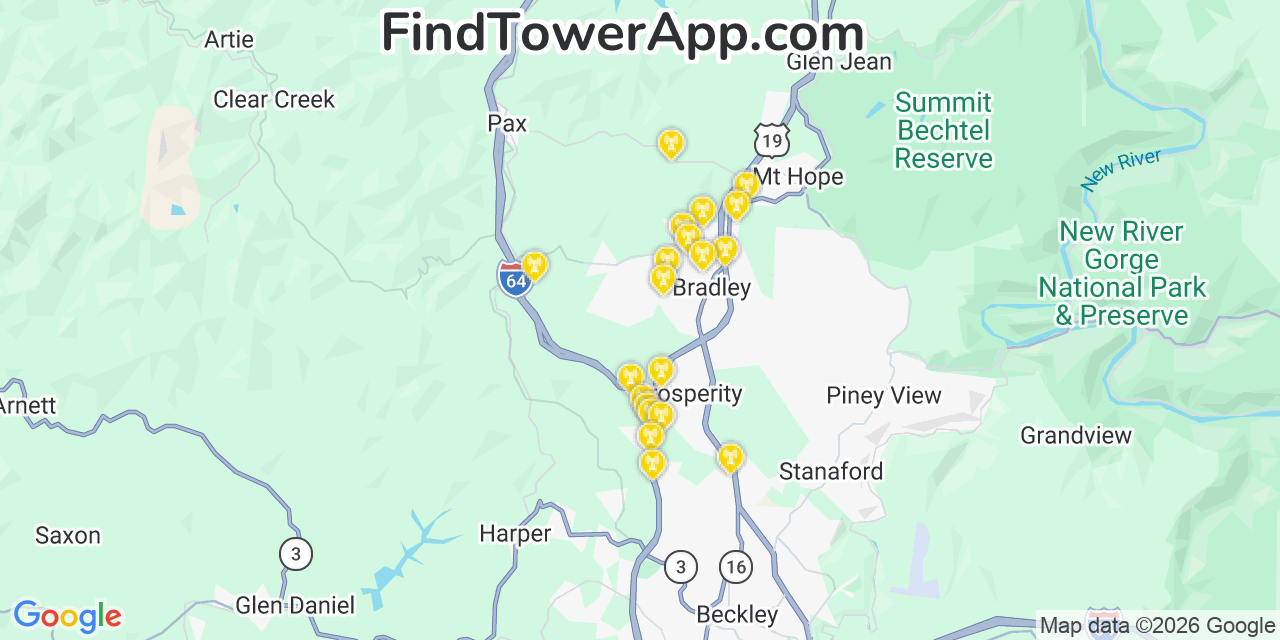 Map showing the 20 primary cell tower locations detected in Bradley, West Virginia from AT&T, Verizon, and T-Mobile networks
