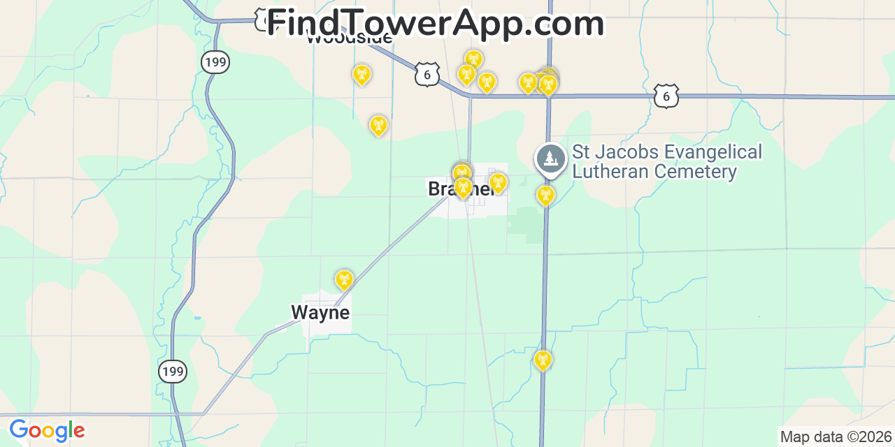 Map showing the 20 primary cell tower locations detected in Bradner, Ohio from AT&T, Verizon, and T-Mobile networks