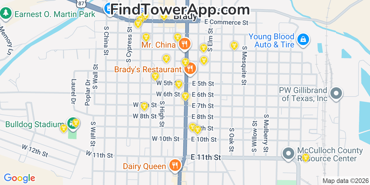 Map showing the 20 primary cell tower locations detected in Brady, Texas from AT&T, Verizon, and T-Mobile networks