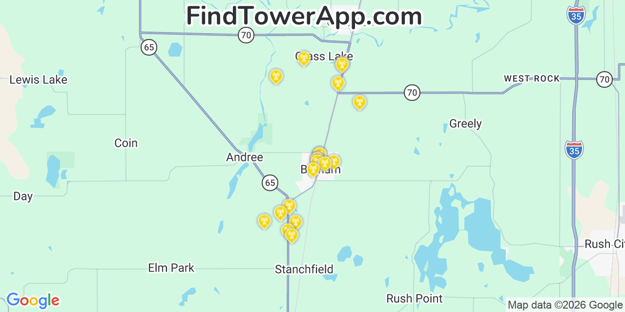 Map showing the 20 primary cell tower locations detected in Braham, Minnesota from AT&T, Verizon, and T-Mobile networks