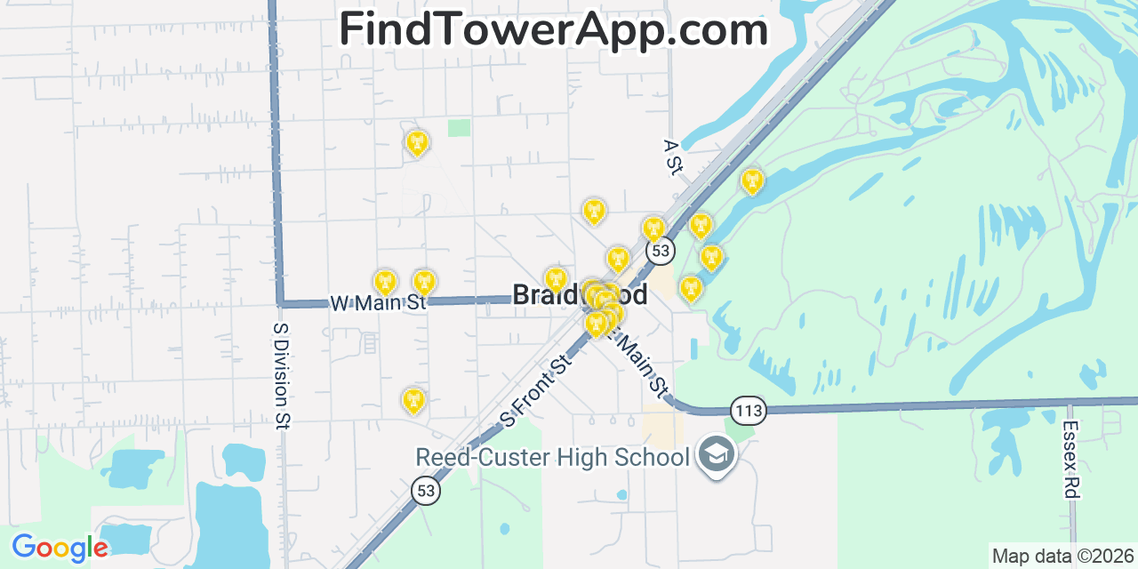 Map showing the 20 primary cell tower locations detected in Braidwood, Illinois from AT&T, Verizon, and T-Mobile networks
