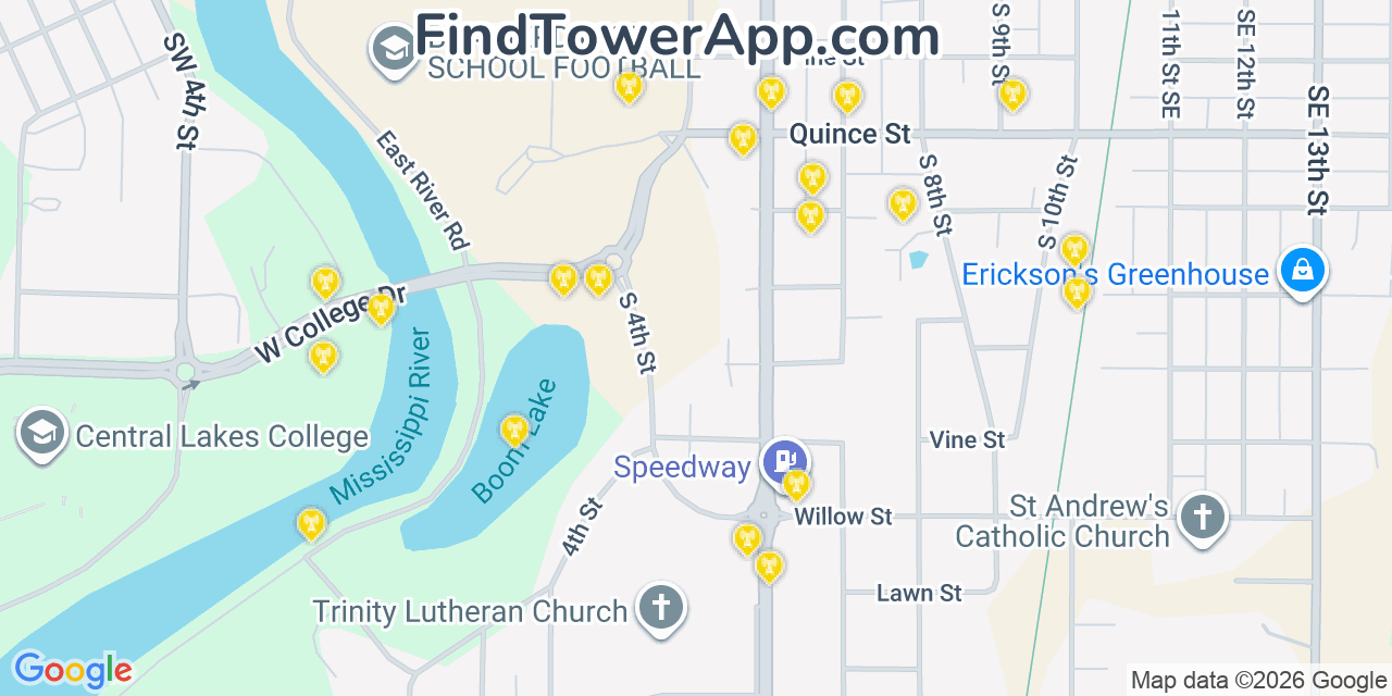 Map showing the 20 primary cell tower locations detected in Brainerd, Minnesota from AT&T, Verizon, and T-Mobile networks