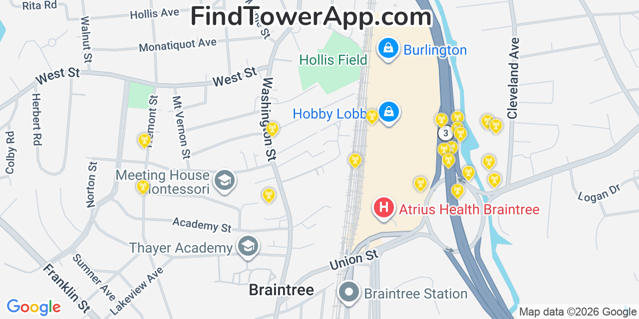 Map showing the 20 primary cell tower locations detected in Braintree, Massachusetts from AT&T, Verizon, and T-Mobile networks