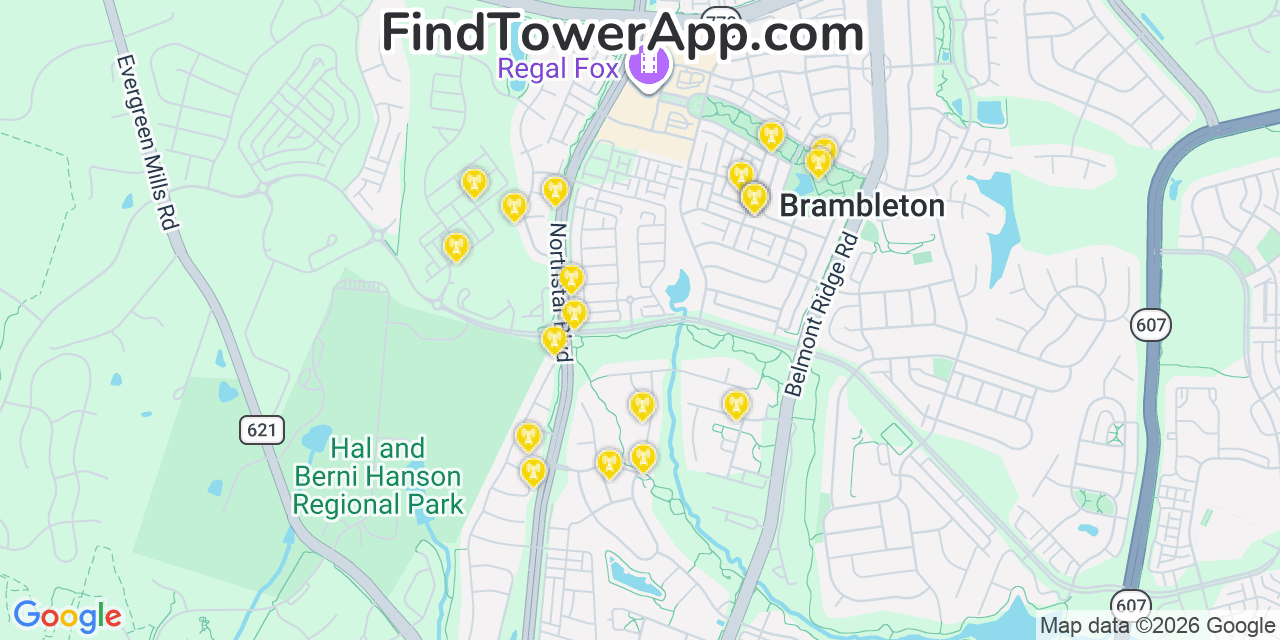 Map showing the 20 primary cell tower locations detected in Brambleton, Virginia from AT&T, Verizon, and T-Mobile networks