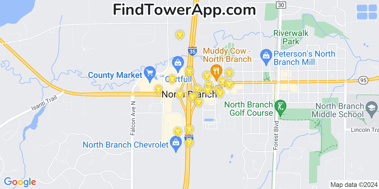 AT&T 4G/5G cell tower coverage map Branch, Minnesota