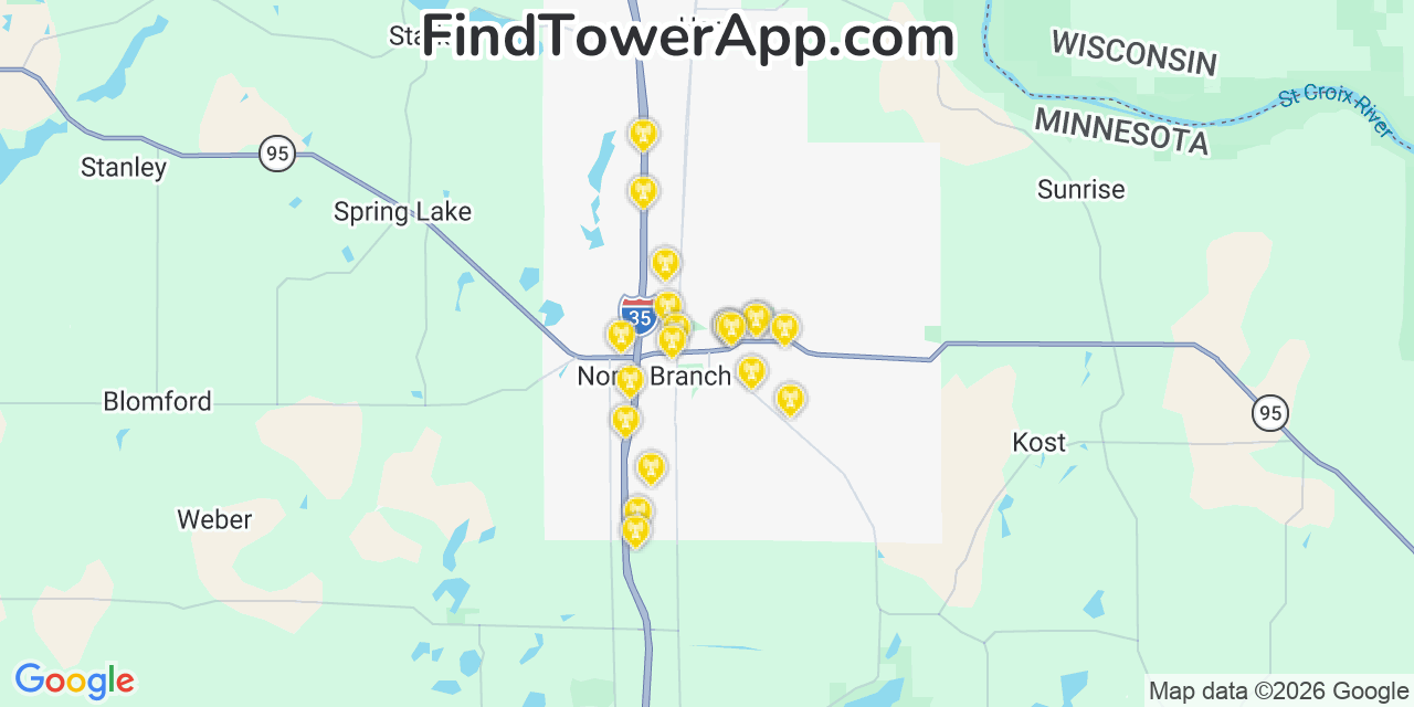 Map showing the 20 primary cell tower locations detected in Branch, Minnesota from AT&T, Verizon, and T-Mobile networks