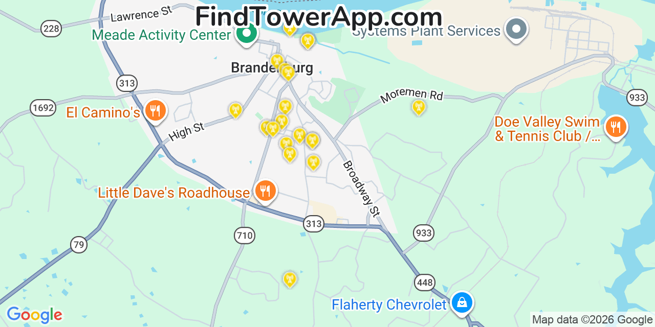 Map showing the 20 primary cell tower locations detected in Brandenburg, Kentucky from AT&T, Verizon, and T-Mobile networks