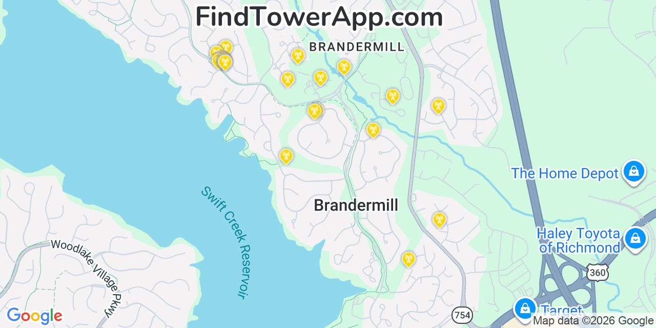 Map showing the 20 primary cell tower locations detected in Brandermill, Virginia from AT&T, Verizon, and T-Mobile networks
