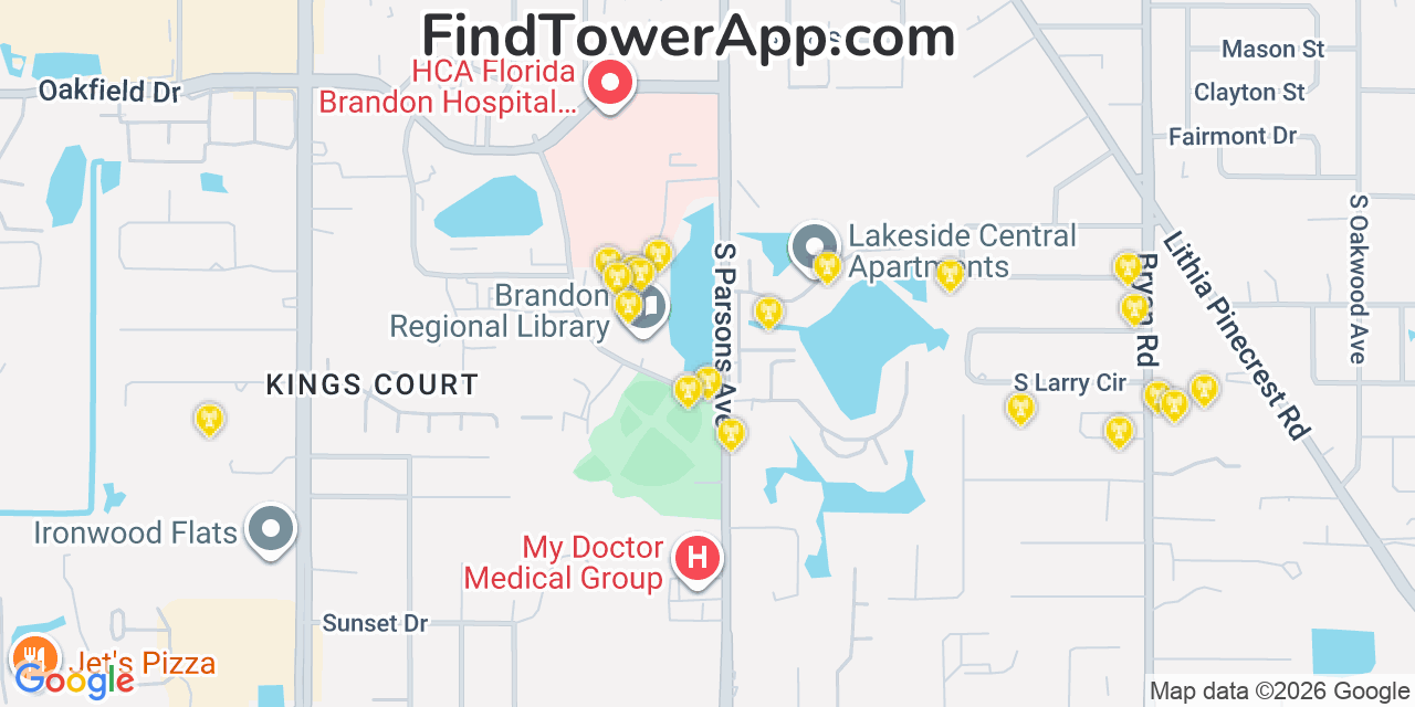 Map showing the 20 primary cell tower locations detected in Brandon, Florida from AT&T, Verizon, and T-Mobile networks