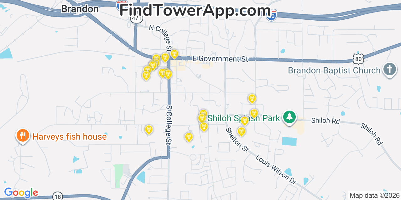Map showing the 20 primary cell tower locations detected in Brandon, Mississippi from AT&T, Verizon, and T-Mobile networks