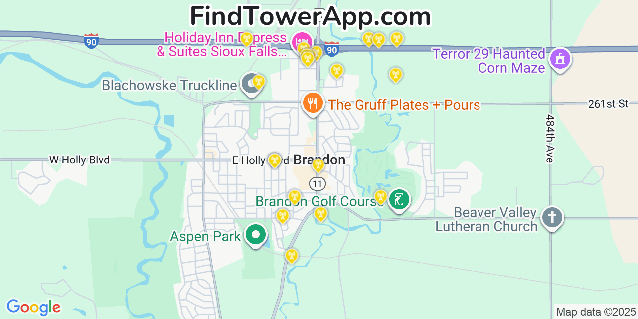 Map showing the 20 primary cell tower locations detected in Brandon, South Dakota from AT&T, Verizon, and T-Mobile networks
