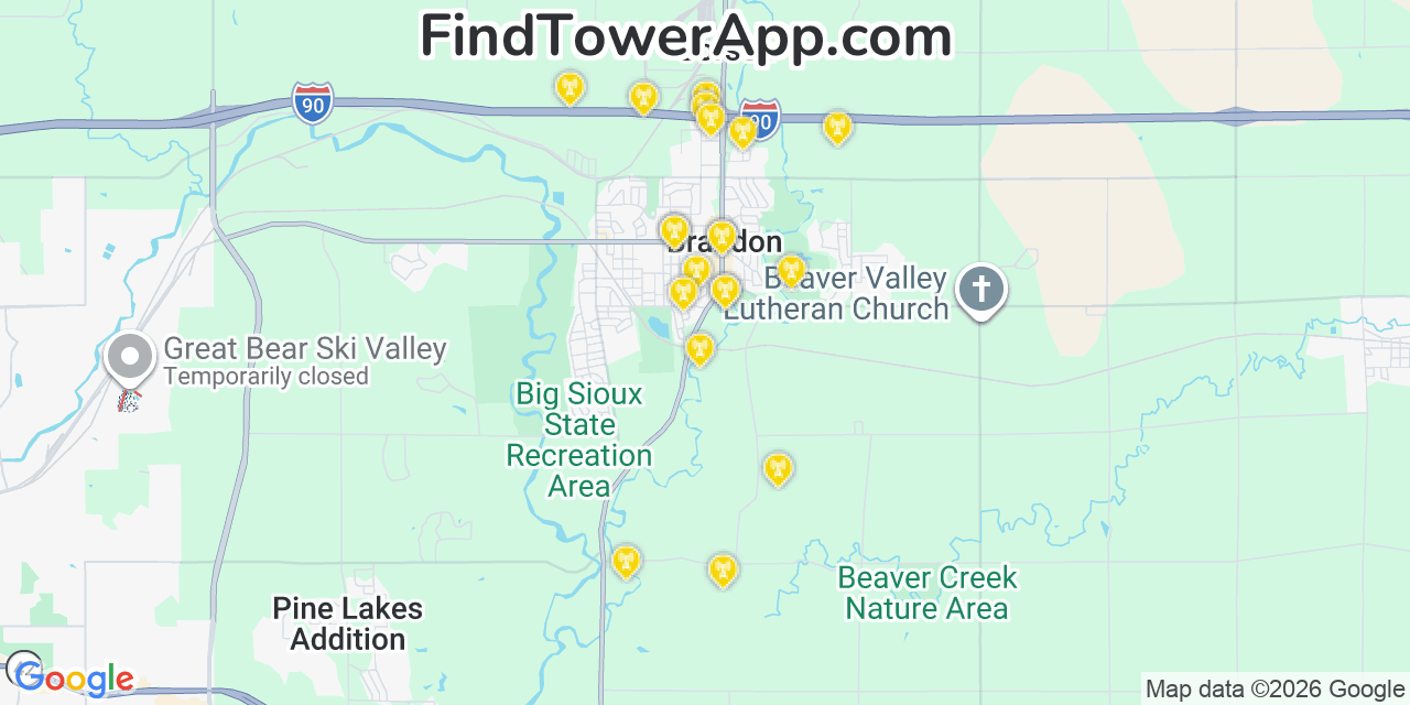 Map showing the 20 primary cell tower locations detected in Brandon, South Dakota from AT&T, Verizon, and T-Mobile networks