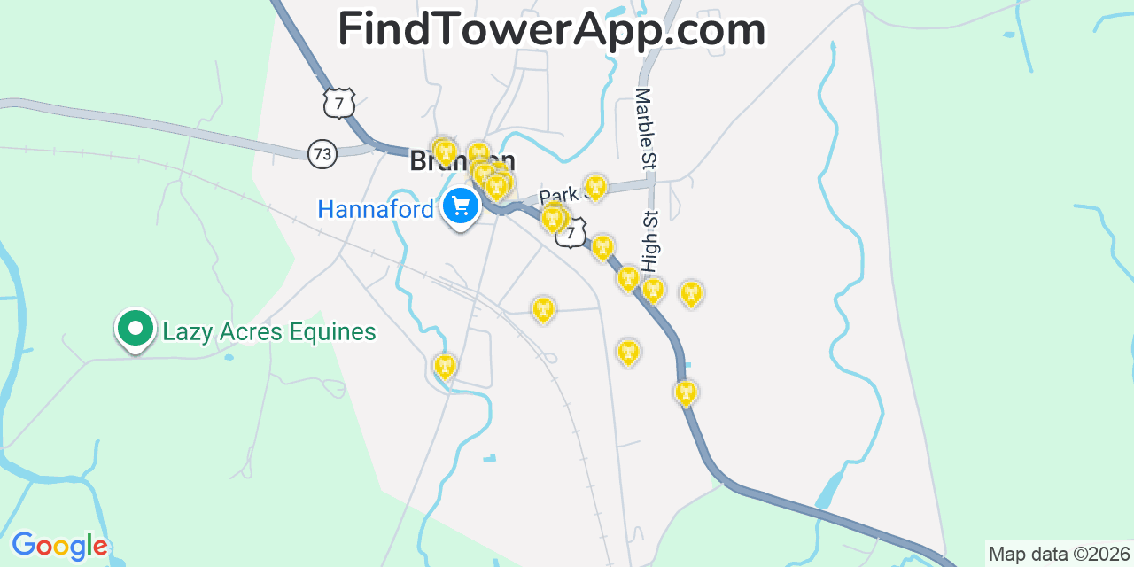 Map showing the 20 primary cell tower locations detected in Brandon, Vermont from AT&T, Verizon, and T-Mobile networks