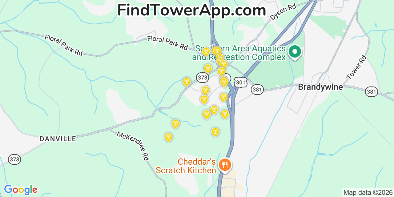Map showing the 20 primary cell tower locations detected in Brandywine, Maryland from AT&T, Verizon, and T-Mobile networks
