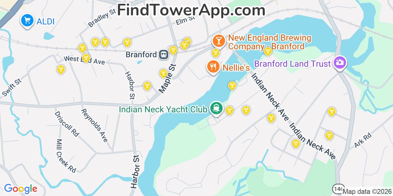 Map showing the 20 primary cell tower locations detected in Branford, Connecticut from AT&T, Verizon, and T-Mobile networks