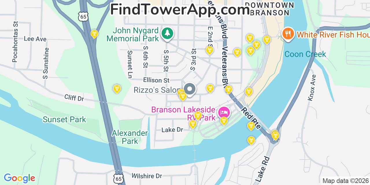 Map showing the 20 primary cell tower locations detected in Branson, Missouri from AT&T, Verizon, and T-Mobile networks