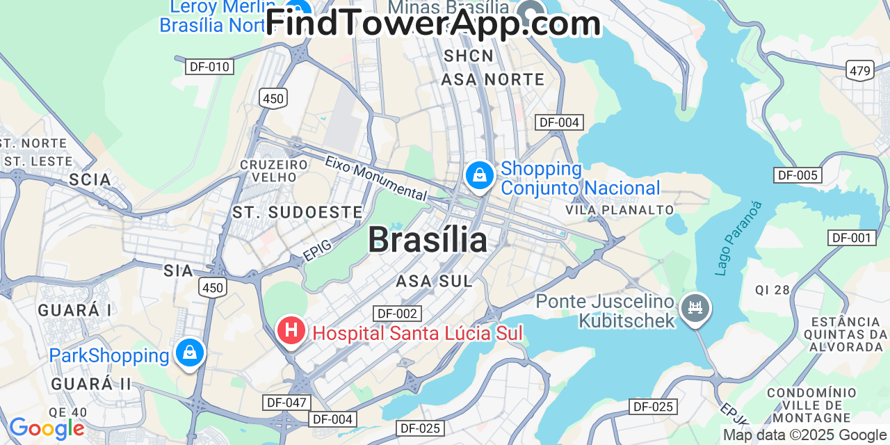 Map showing the 0 primary TIM cell tower locations detected in Brasília, Brazil with coverage radius and signal strength indicators