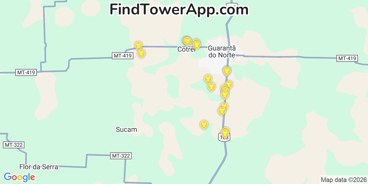 Map showing the 20 primary cell tower locations detected in Brasã­lia, Brazil with coverage areas and signal strength