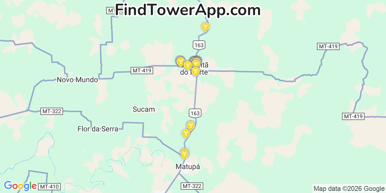 Map showing the 38 primary TIM cell tower locations in Brasã­lia, Brazil