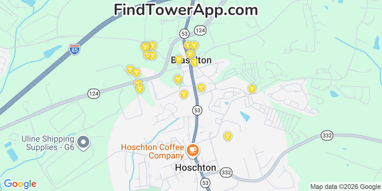 Map showing the 20 primary cell tower locations detected in Braselton, Georgia from AT&T, Verizon, and T-Mobile networks