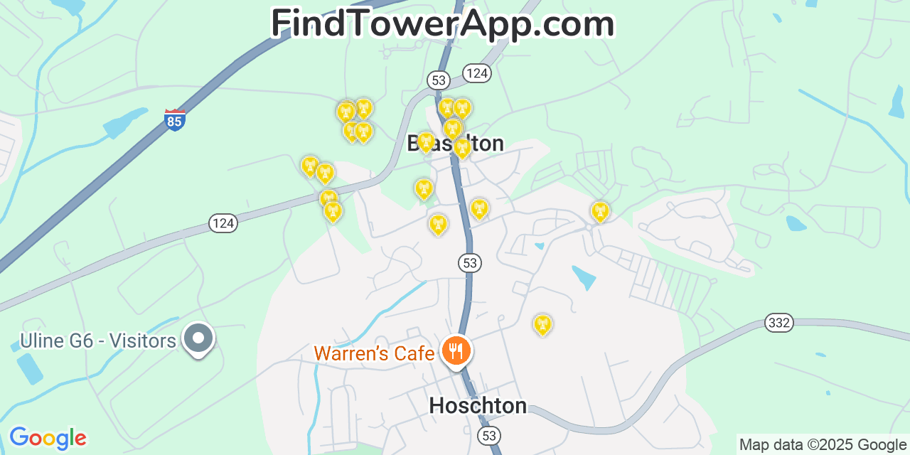 Map showing the 20 primary Mobitel cell tower locations detected in Braselton, Georgia with coverage radius and signal strength indicators