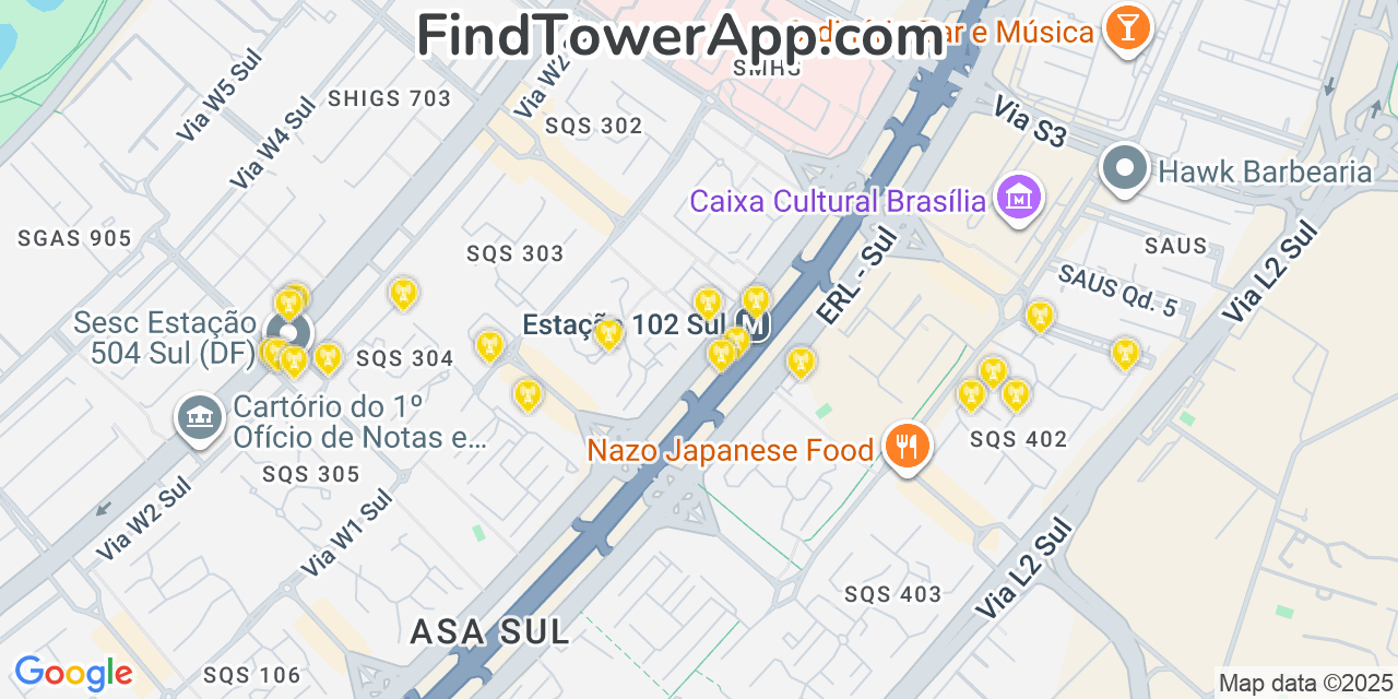 Map showing the 20 primary Brasil Telecom GSM cell tower locations in Brasília, Brazil
