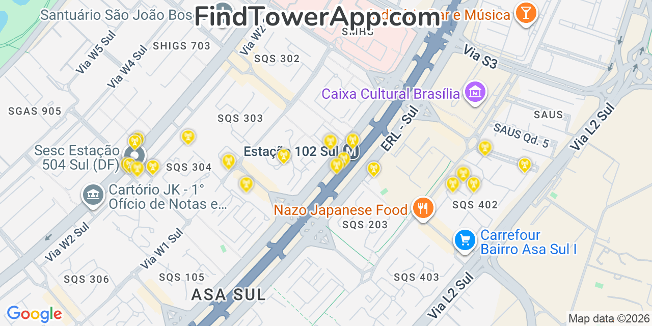 Map showing the 20 primary Brasil Telecom cell tower locations in Brasília, Brazil
