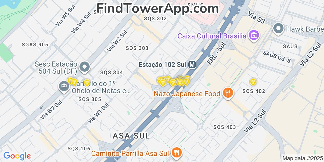 Map showing the 20 primary Claro cell tower locations in Brasília, Brazil