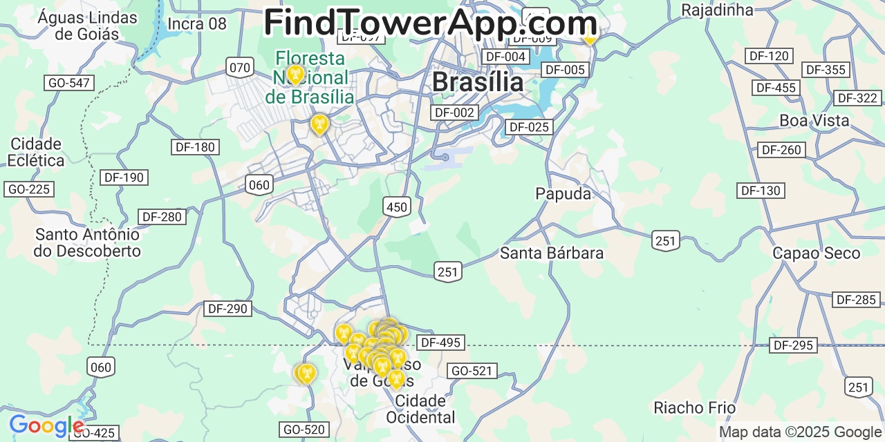 Map showing the 38 primary Local cell tower locations in Brasília, Brazil
